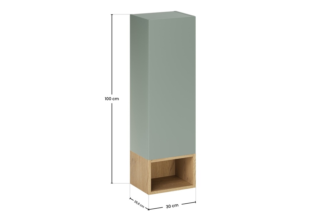 [HFP-PF-54766335689046] Aster Green Wall-Hung Cabinet 1 Door + Cremona UN Open Shelf – Aloes Matt / Oak, 30 cm Set