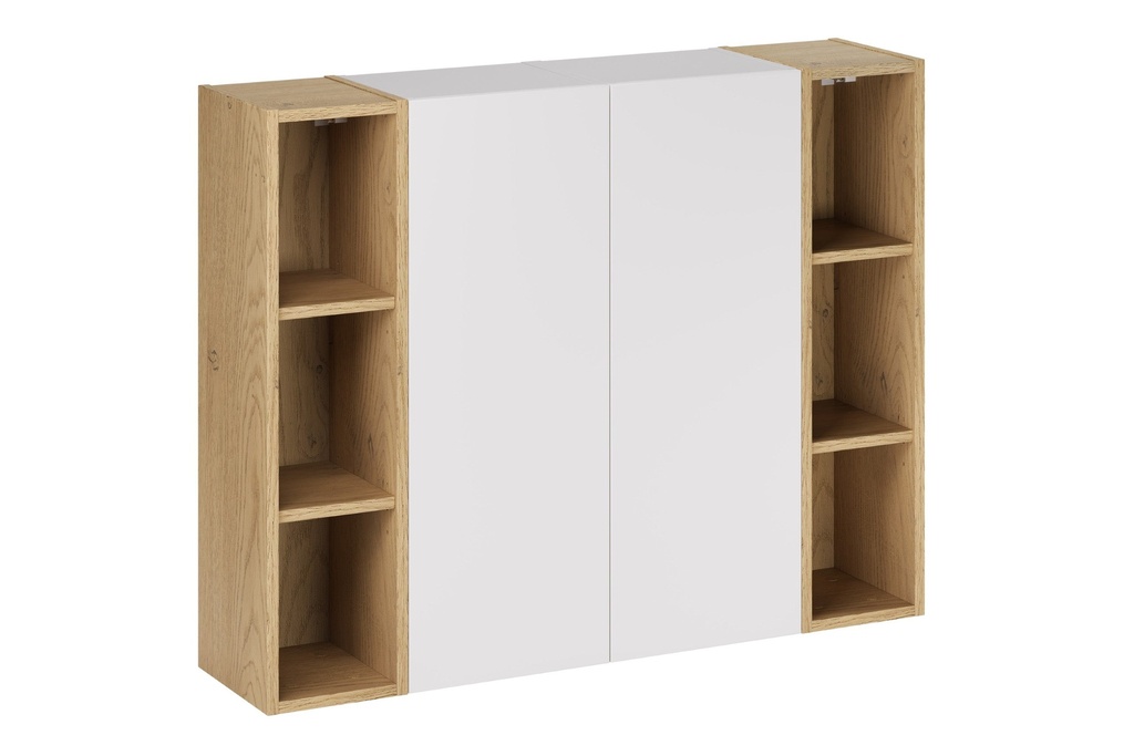 [HFP-PF-54701737967958] 2× Aster White Wall-Hung Cabinet 1 Door + 2× Cremona UN Open Shelf – White Matt / Oak, 100 cm Set
