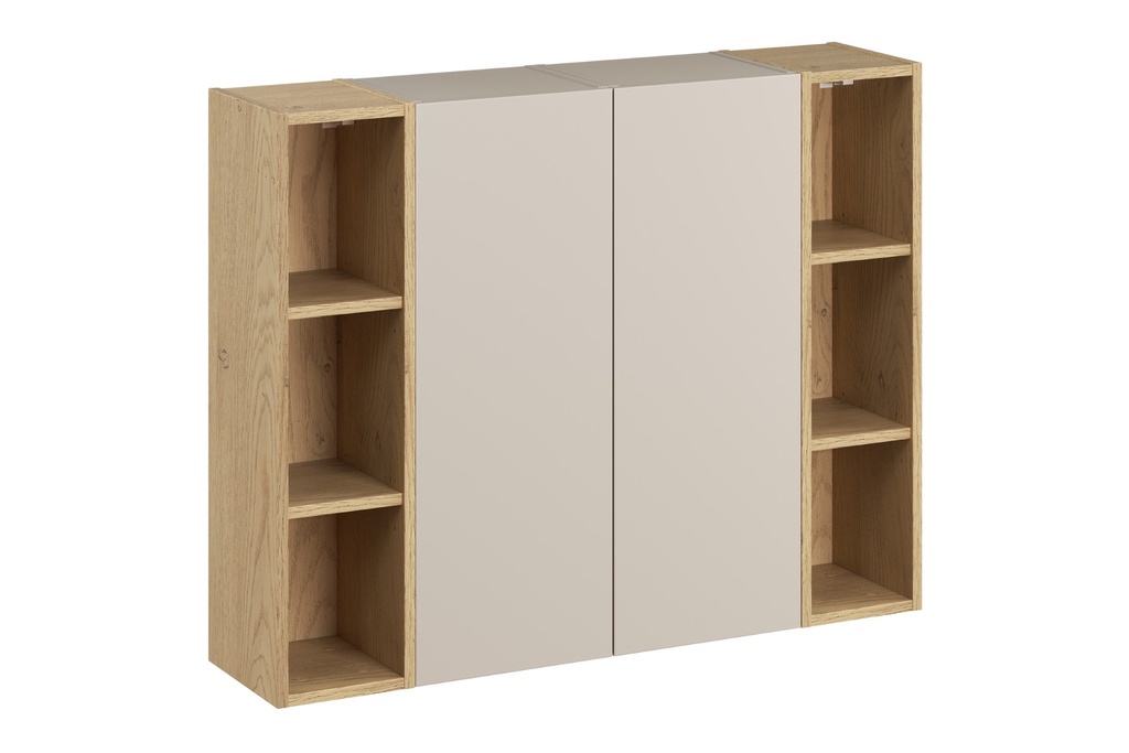 [HFP-PF-54942205280598] 2× Dalia Cashmere Wall-Hung Cabinet 1 Door + 2× Cremona UN Open Shelf – Cashmere / Oak, 100 cm Set