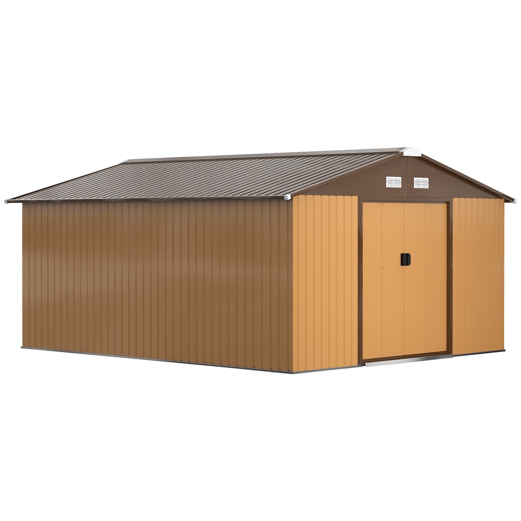 [845-031V01YL] Outsunny 13 x 11ft Metal Garden Shed, Waterproof Outdoor Bike Storage Shed Galvanised with Vents, Foundation Kit, Apex Roof and Lockable Double Doors for Patio Lawn, Light Brown