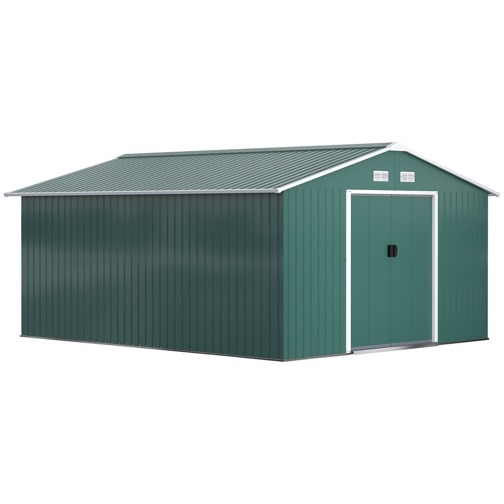[845-031V01GN] Outsunny 12.5ft Sliding Door Durable Steel Storage Shed with 4 Ventilation Outdoor, Green