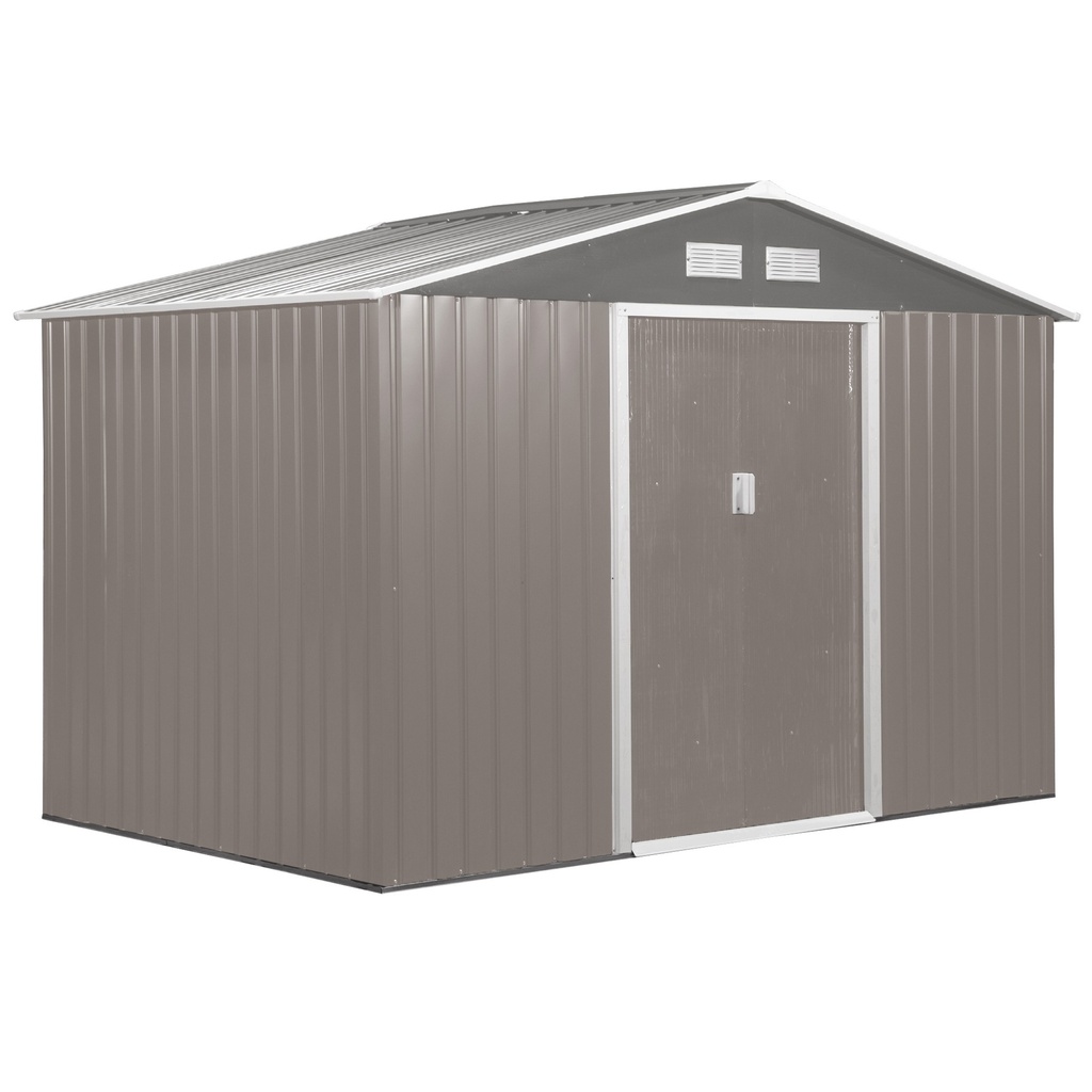 [845-031GY] Outsunny 9 x 6FT Outdoor Garden Roofed Metal Storage Shed Tool Box with Foundation Ventilation & Doors Light, Grey