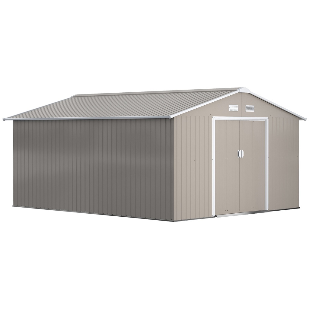 [845-031V01LG] Outsunny 13 x 11ft Large Garden Shed, Mental Garden Storage Shed with Foundation Kit Ventilation & Doors, Light Grey