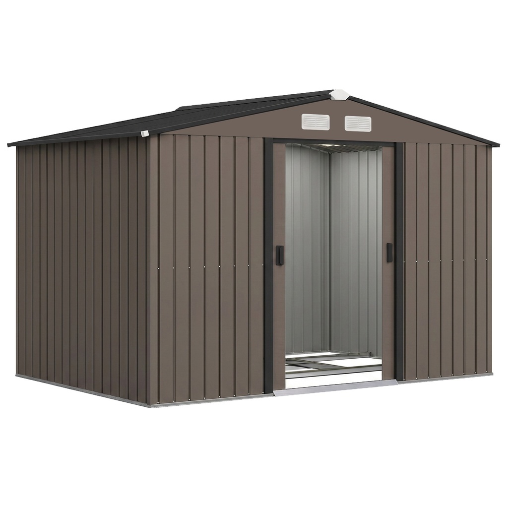[845-031V00BN] Outsunny 9 x 6ft Metal Garden Shed, Outdoor Storage Tool House with Ventilation Slots, Foundation Kit and Lockable Double Doors, Brown