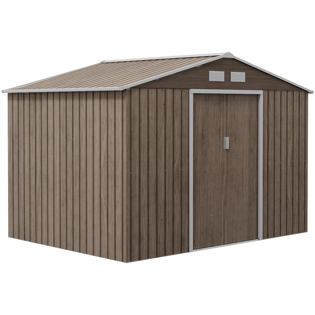 [845-031V00LG] Outsunny 9 x 6ft Steel Garden Shed, Outdoor Storage Tool House with Vents, Foundation and Lockable Double Doors, Brown
