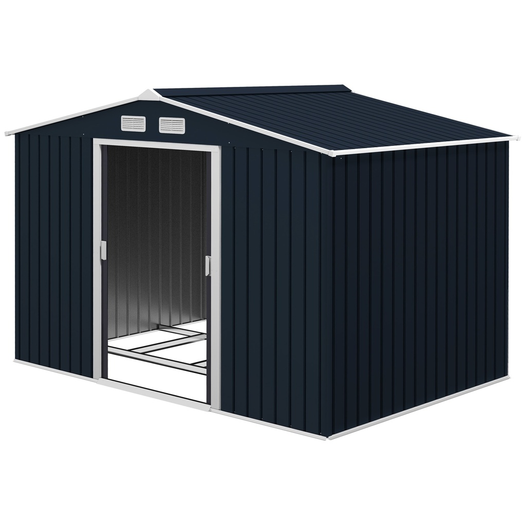 [845-031CG] Outsunny 9 x 6ft Metal Bicycle Shed, Outdoor Storage Tool House with Ventilation Slots, Foundation Kit and Lockable Double Doors, Dark Grey