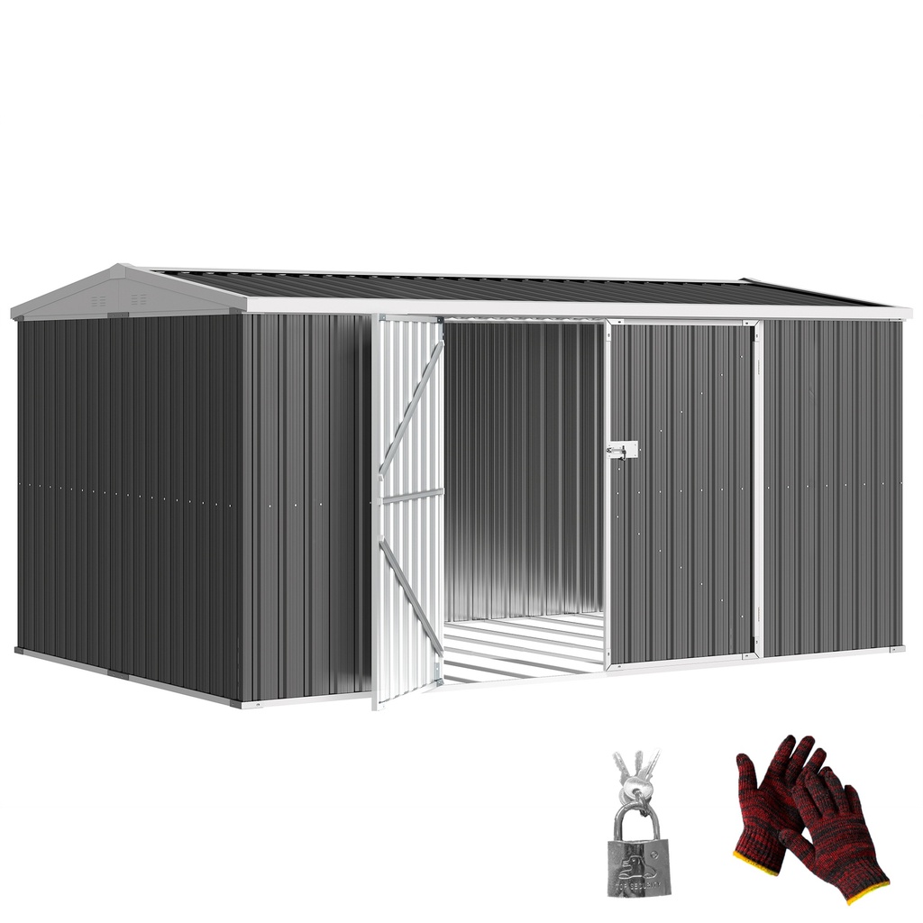 [845-678] Outsunny 14 x 8ft Outdoor Garden Metal Storage Shed with Lockable Door, Tool Storage Box for Garden, Patio and Lawn, Grey