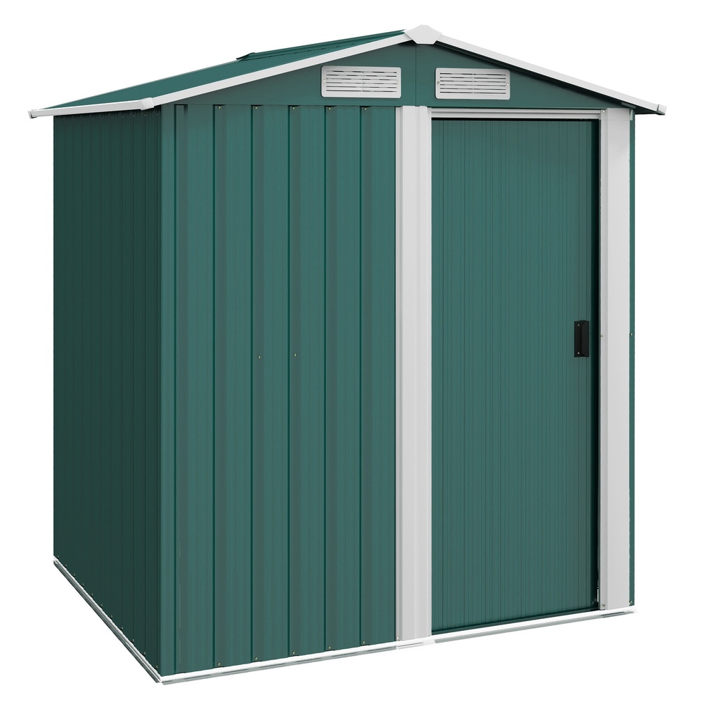 [845-291V01GN] Outsunny Garden Metal Tool Storage Shed with Sliding Door, Sloped Roof and Floor Foundation, 152 x 132 x 188cm, Green