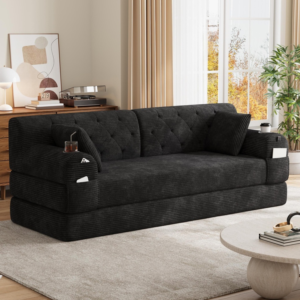 [AOSOM-F-GOM-W3779S00055] Corduroy Sofa Bed 208 x 80 x 81cm