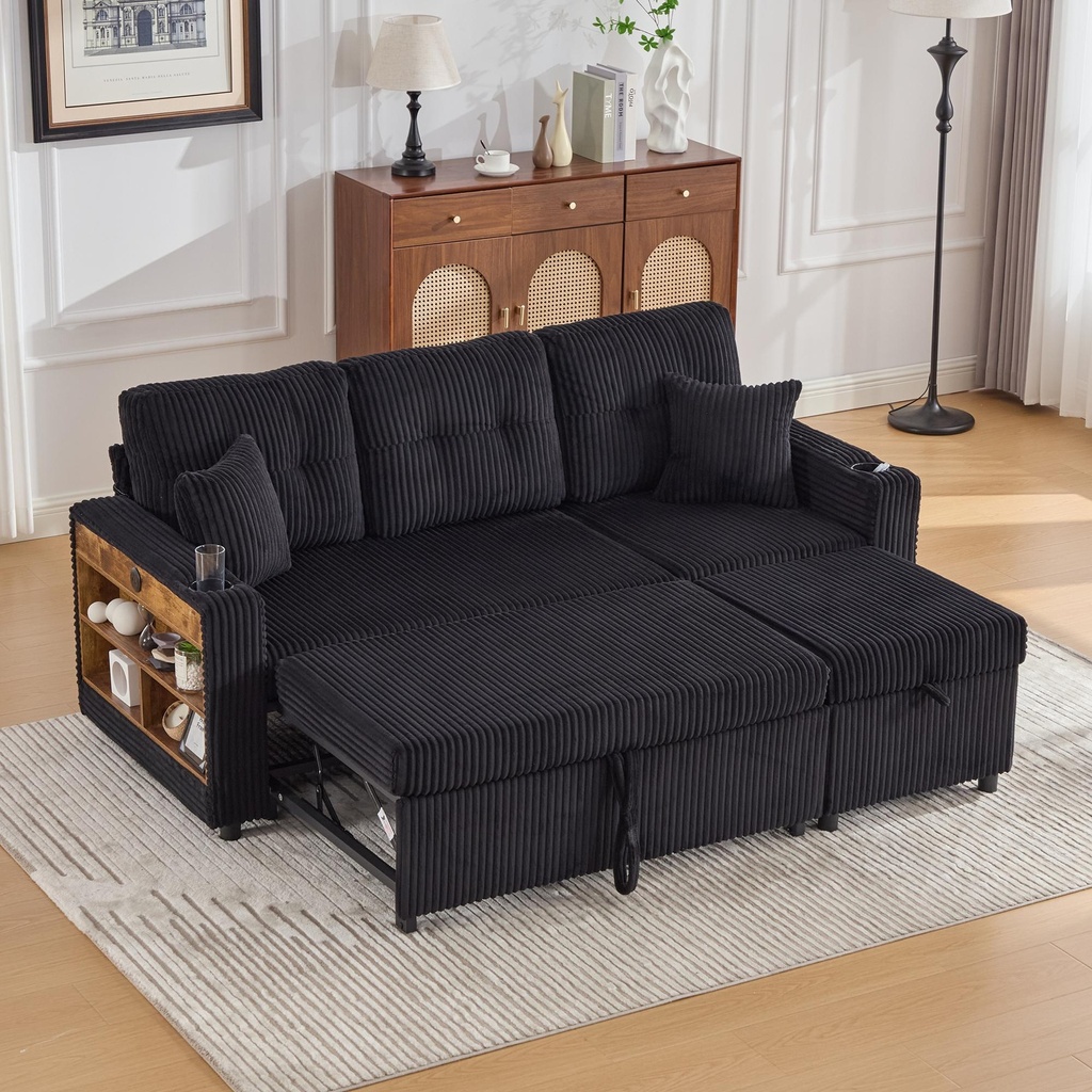[AOSOM-F-GOM-W3779S00095] Corduroy Sofa Bed 196 x 82 x 144cm