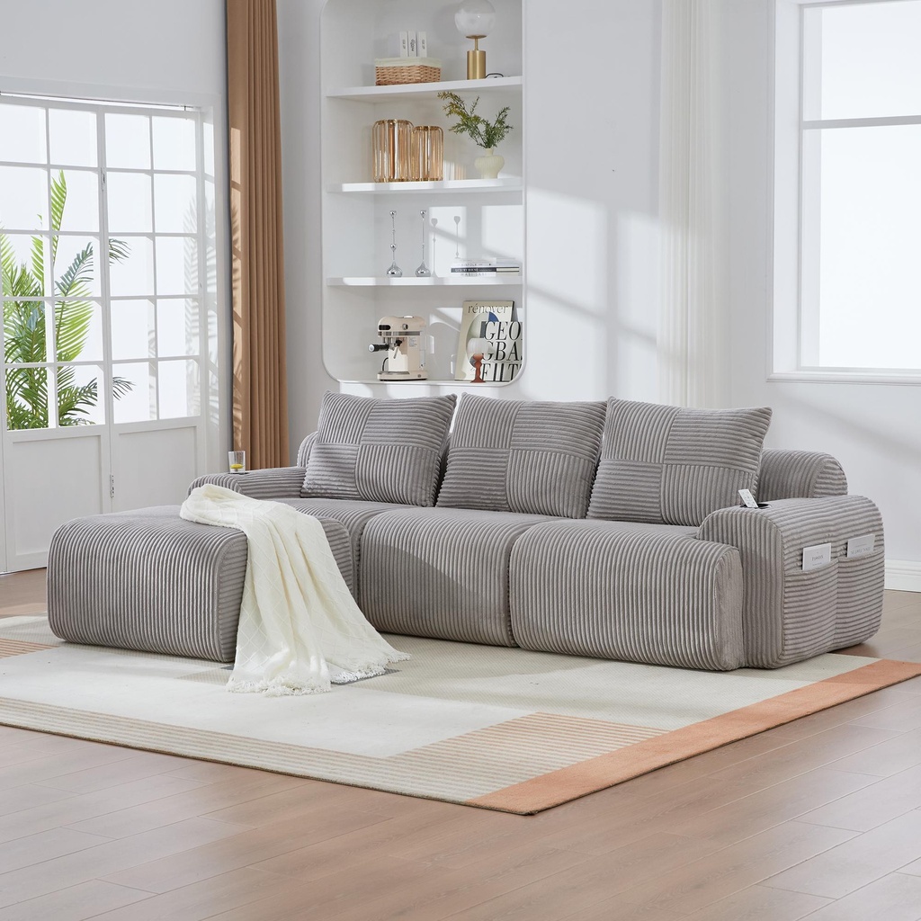 [AOSOM-F-GOM-W3779S00074] Corner 3 Seater Corduroy Sofa 268 x 174 x 80cm