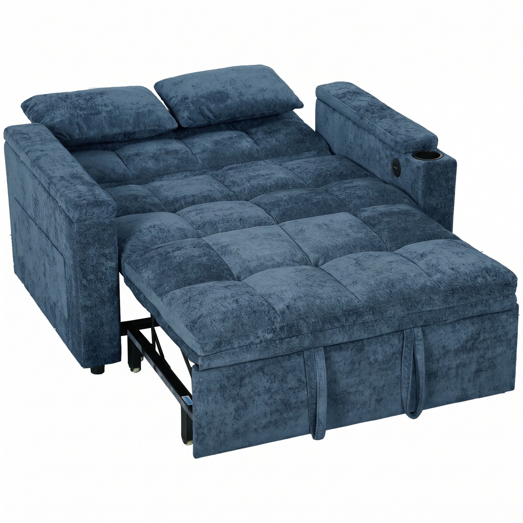 [AOSOM-83B-899V70DB] 2 Seater Velvet Sofa Bed 137 x 91 x 95cm, Dark Blue
