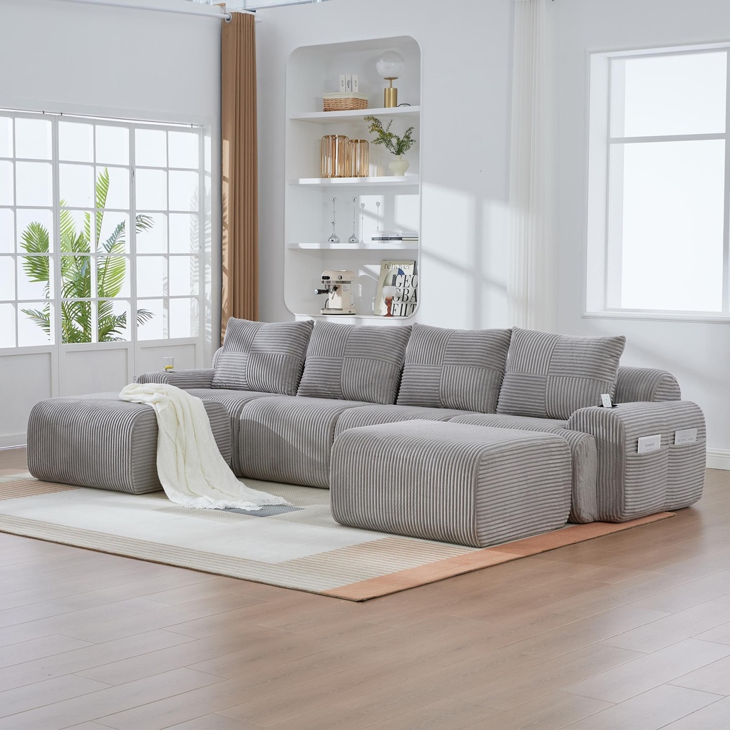 [AOSOM-F-GOM-W3779S00085] Corner 4 Seater Corduroy Sofa 333 x 174 x 80cm
