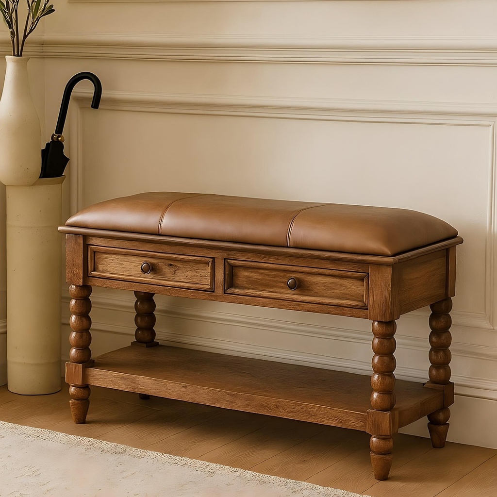 [AOSOM-F-AFU-B2743P403526] Mango Wood Spindle Storage Bench 35 x 90 x 55cm, Brown