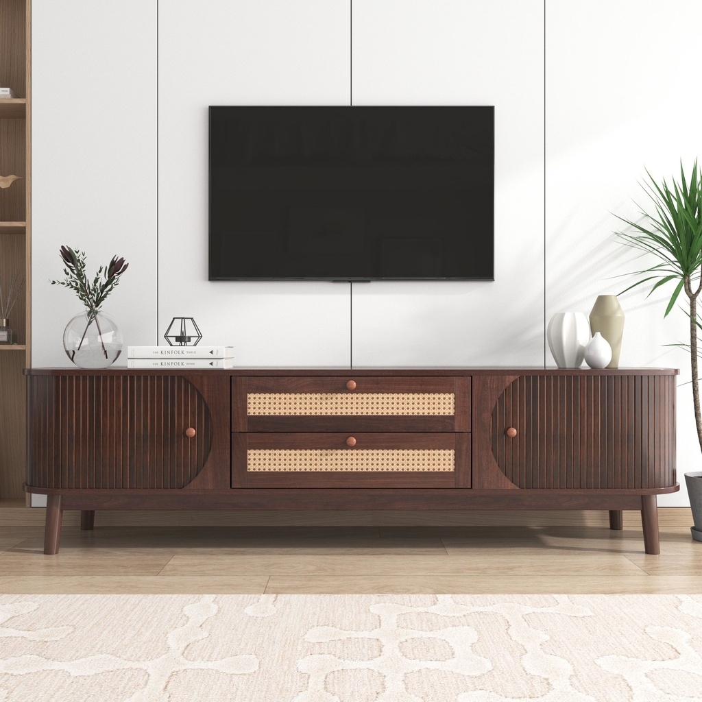 Natural Walnut Modern TV Stand with Rattan Drawers, Solid Wood Doors and Storage Solution, 170x39.5x46 cm, Natural (Product Only - No assembly)