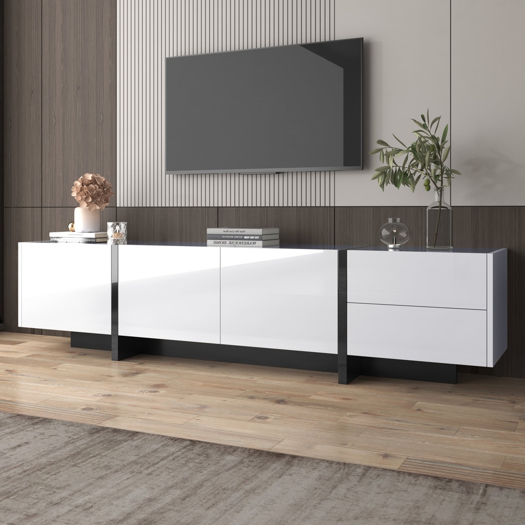 High-Gloss Modern TV Cabinet with Doors and Drawers, Black and White Design, 190x35x45 cm, White (Product Only - No assembly)