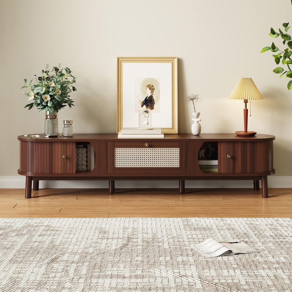 Walnut TV Cabinet with Solid Wood Doors and Handwoven Rattan Drawers, Sliding-Door TV Stand with Solid Wood Legs, 170L x 39.5W x 38H cm, Walnut (Product Only - No assembly)