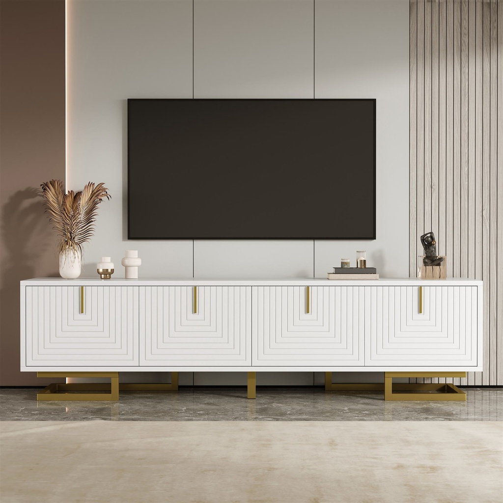 Elegant TV Cabinet with Textured Doors, Golden Handles, Adjustable Feet, Modern TV Stand for Living Room, 160L x 38W x 44.5H cm, White (Product Only - No assembly)