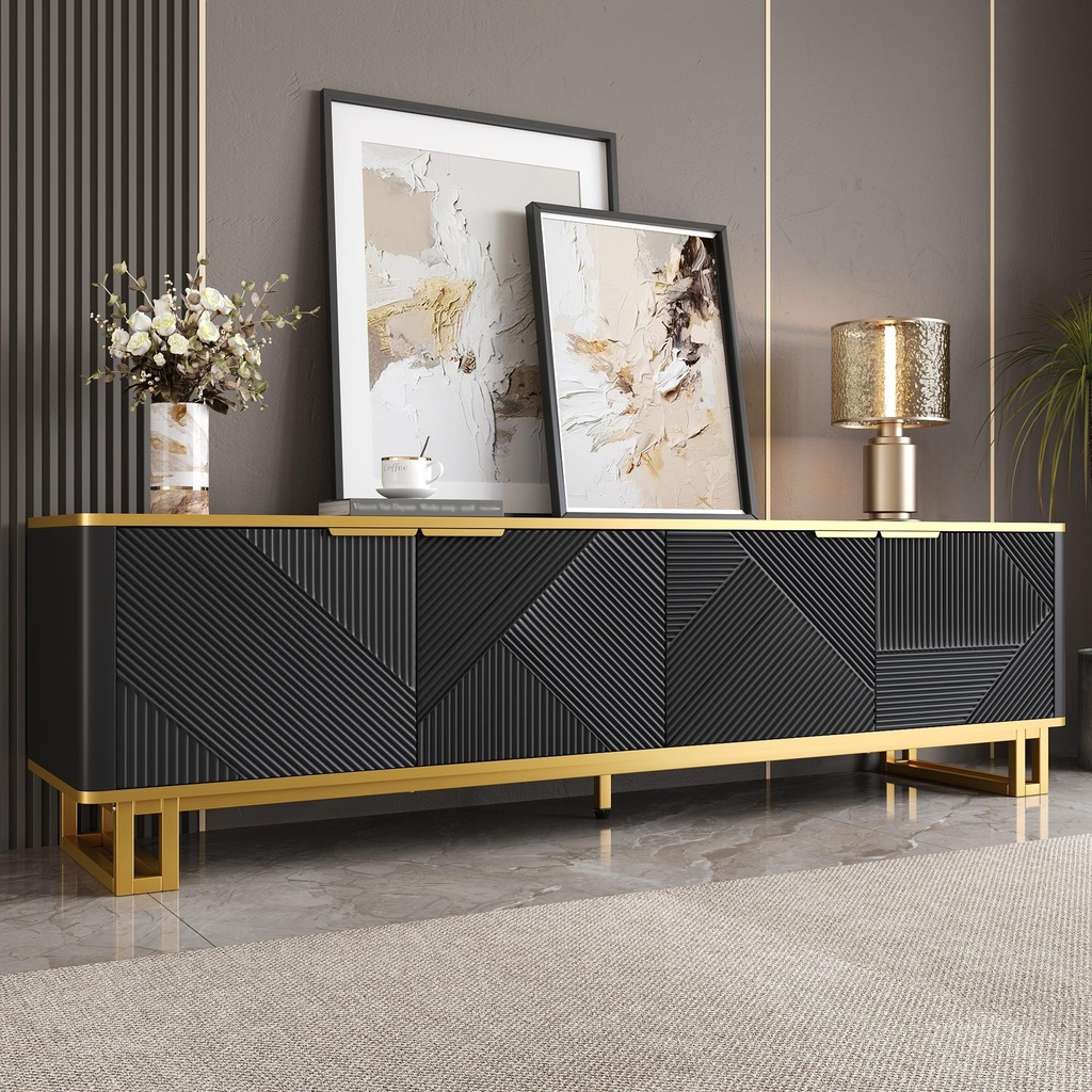 Modern TV Cabinet with 4 Geometric Embossed Doors and Open Top Shelf, Spacious TV Stand with Hidden Storage, 160L x 37.5W x 48H cm, Black (Product Only - No assembly)