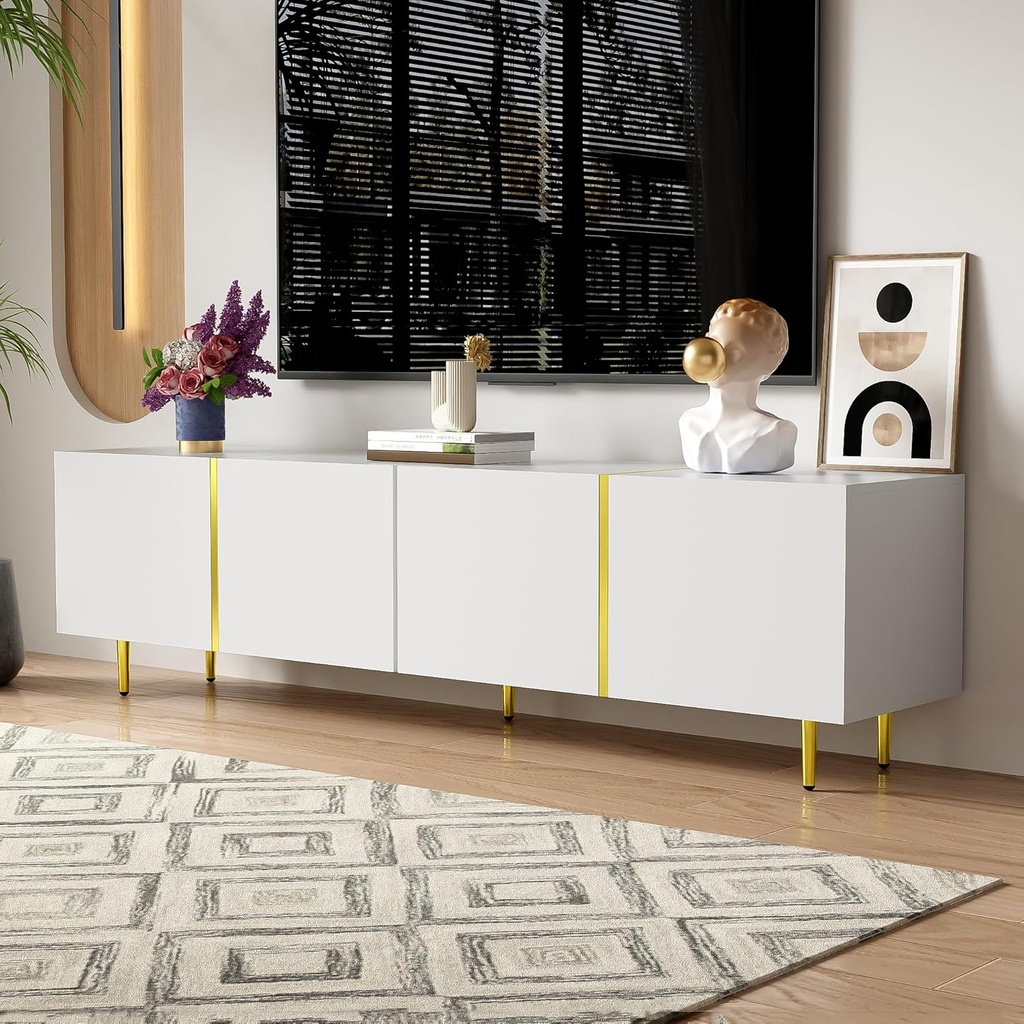 High-gloss TV Cabinet with 4 Soft-close Doors, Generous MDF Storage, Durable TV Stand for Elegant Living Room, 170L x 35W x 46H cm, White (Product Only - No assembly)