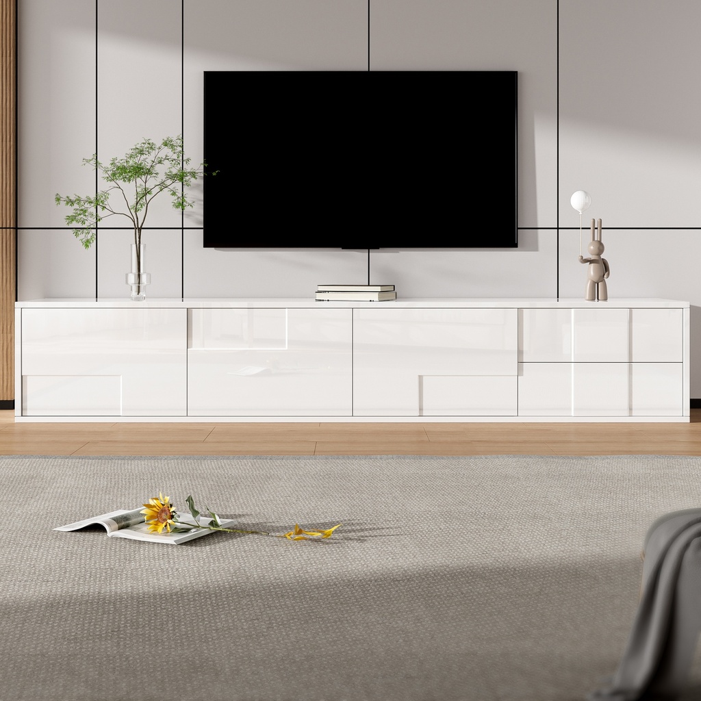 High-Gloss TV Lowboard with Handleless Fronts, 3 Doors and 2 Drawers, Storage Unit for Wall-Mount or Freestanding, 167L x 30W x 30H cm, White (Product Only - No assembly)