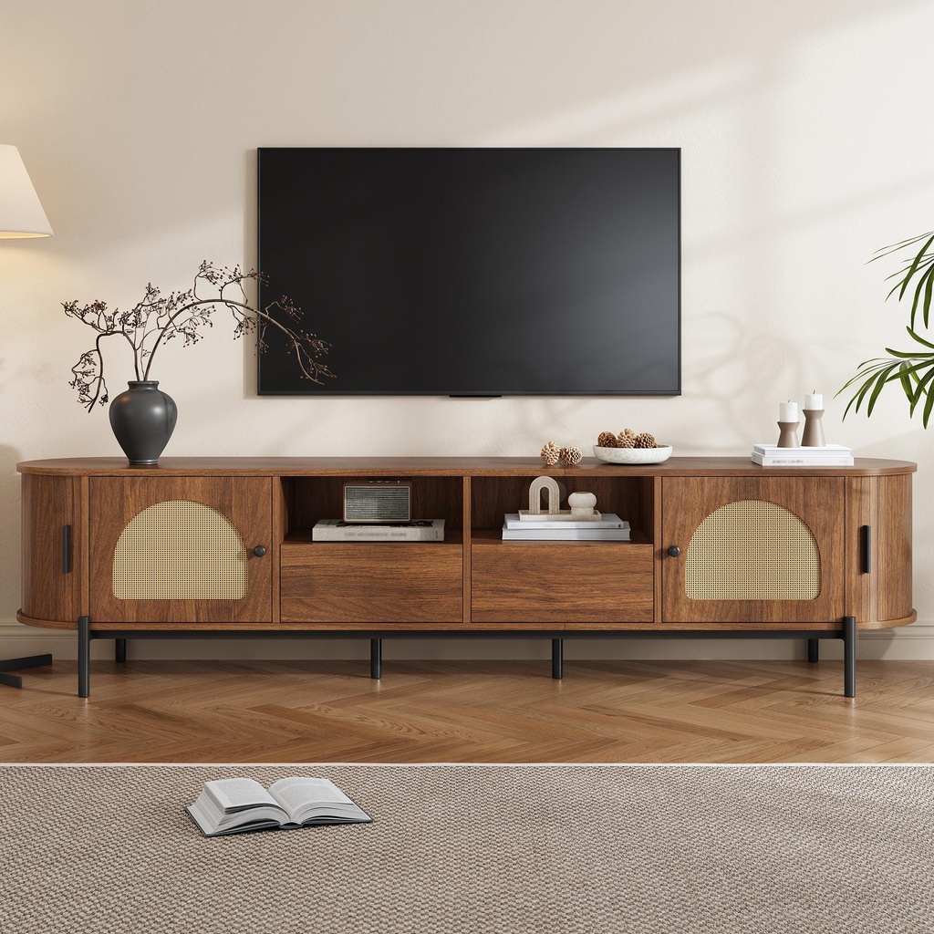 Space-Saving TV Stand with 2 Sliding Doors and 2 Drawers, Stylish TV Cabinet with Rattan Doors and Metal legs, 200L x 40W x 50H cm, Walnut (Product Only - No assembly)