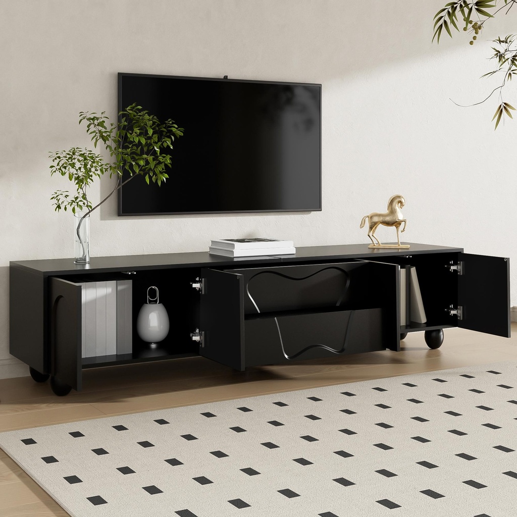 Minimalist TV Cabinet with Solid Wood Legs and Curved Doors, Spacious Storage Unit with Drawers and Shelves, 180L x 40W x 42H cm, Black (Product Only - No assembly)