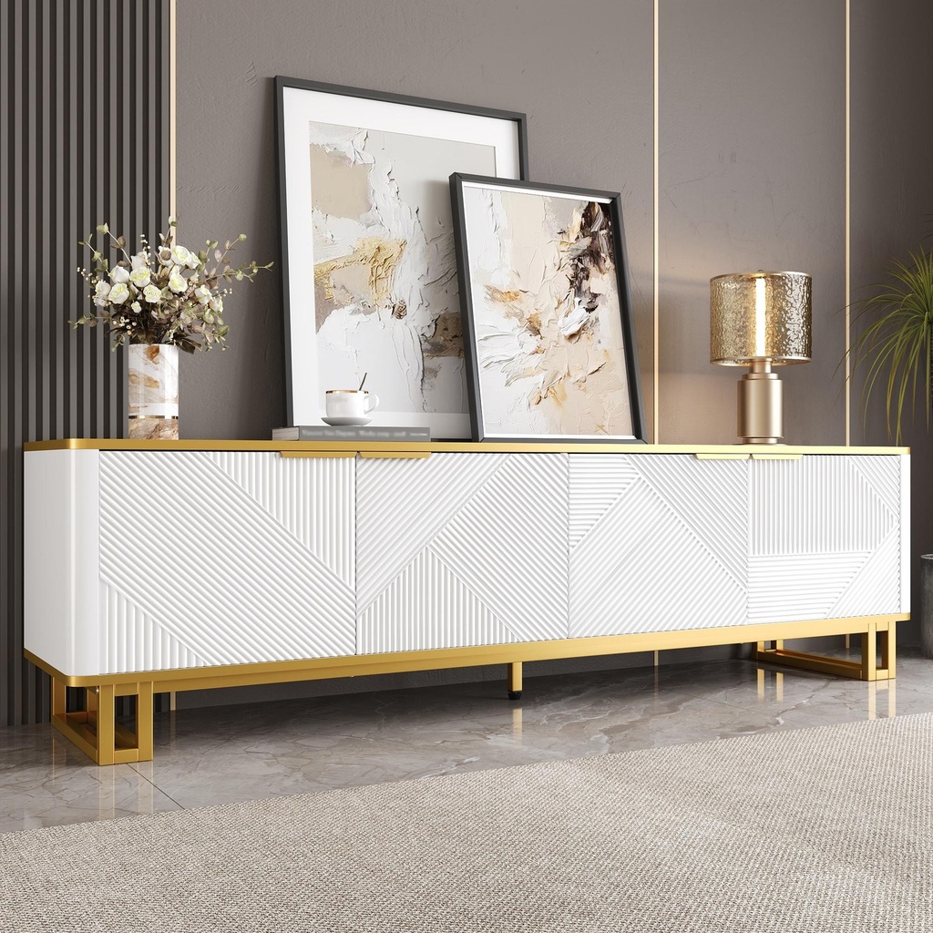 Modern TV Cabinet with 4 Geometric Embossed Doors and Open Top Shelf, Spacious TV Stand with Hidden Storage, 160L x 37.5W x 48H cm, White (Product Only - No assembly)