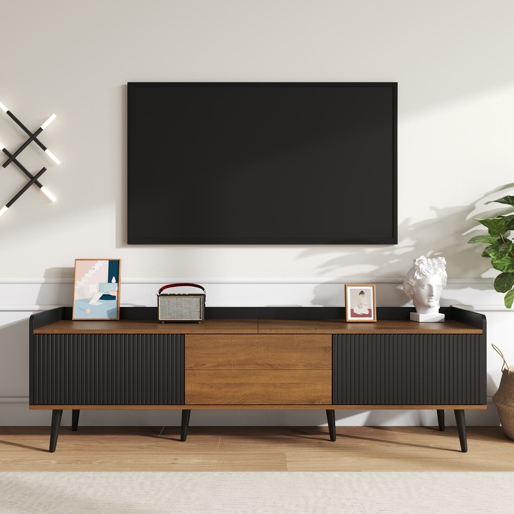 3 Doors TV Cabinet with Raised Edge and Wooden Legs, Media Cabinet for Modern Homes with Children, 160L x 39W x 49.5H cm, Black (Product Only - No assembly)