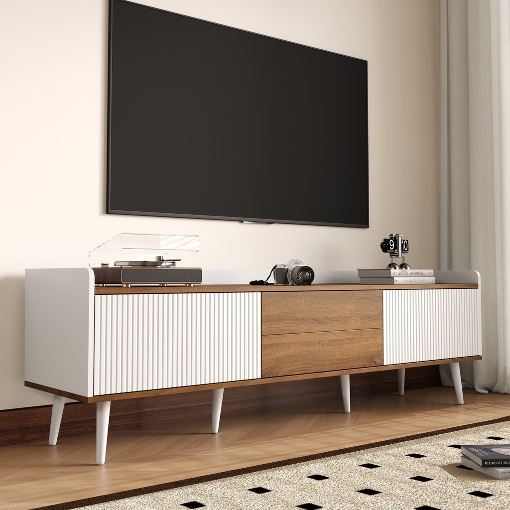 3 Doors TV Cabinet with Raised Edge and Wooden Legs, Media Cabinet for Modern Homes with Children, 160L x 39W x 49.5H cm, White (Product Only - No assembly)