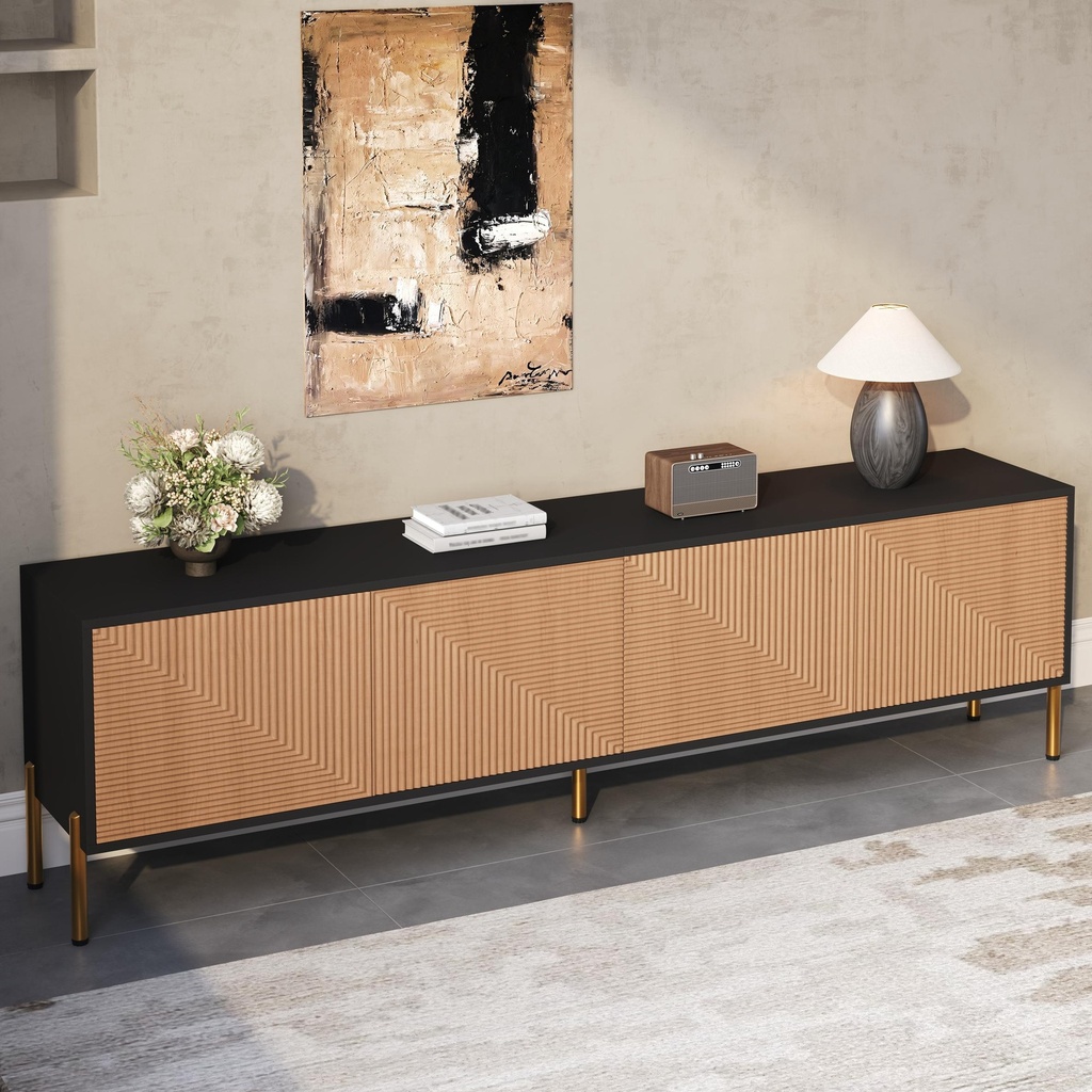Spacious TV Cabinet with 4-Door Concealed Storage, Practical TV Stand for Dining Rooms and Living Rooms, 179L x 35W x 53.5H cm, Black+Wood (Product Only - No assembly, Black)