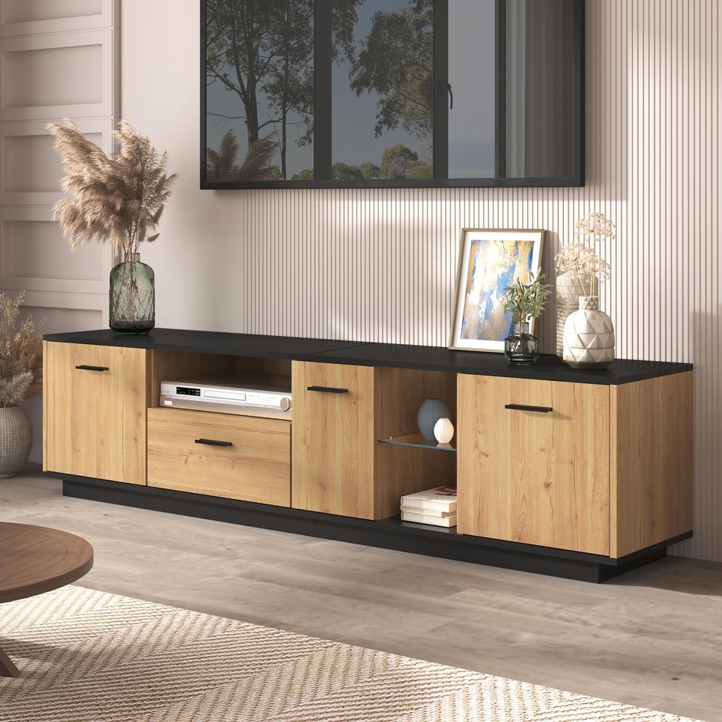 Modern TV Cabinet with 3 Doors, Drawer and 2 Open Glass Compartments, TV Stand with Solid Wooden Legs, 180L x 37W x 45H cm, Black+Wood (Product Only - No assembly, Black)