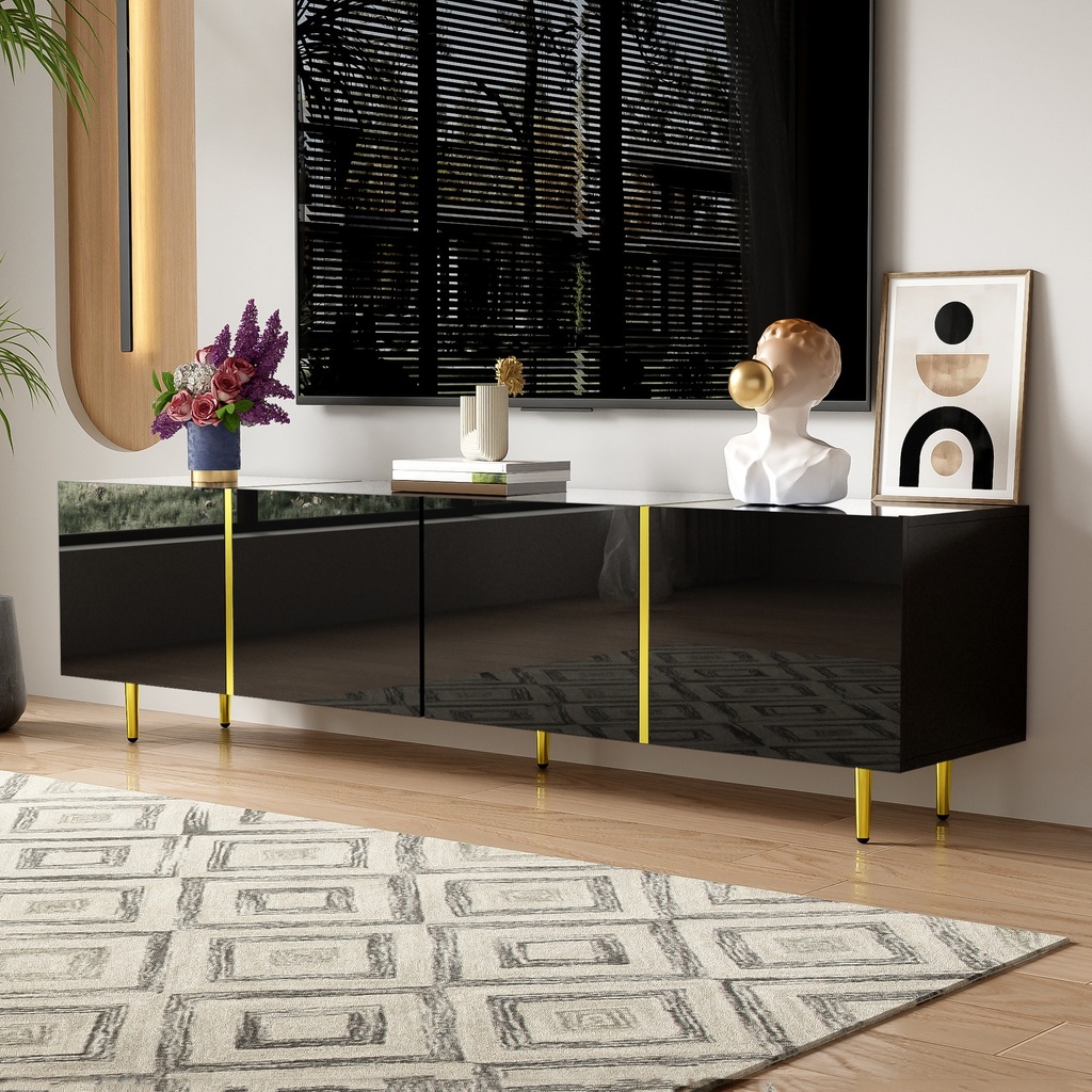 High-Gloss TV Cabinet with Four Soft-Close Doors, Modern Entertainment Stand for Living Room, 170L × 35W × 46H cm, Black+Gold (Product Only - No assembly, Black)