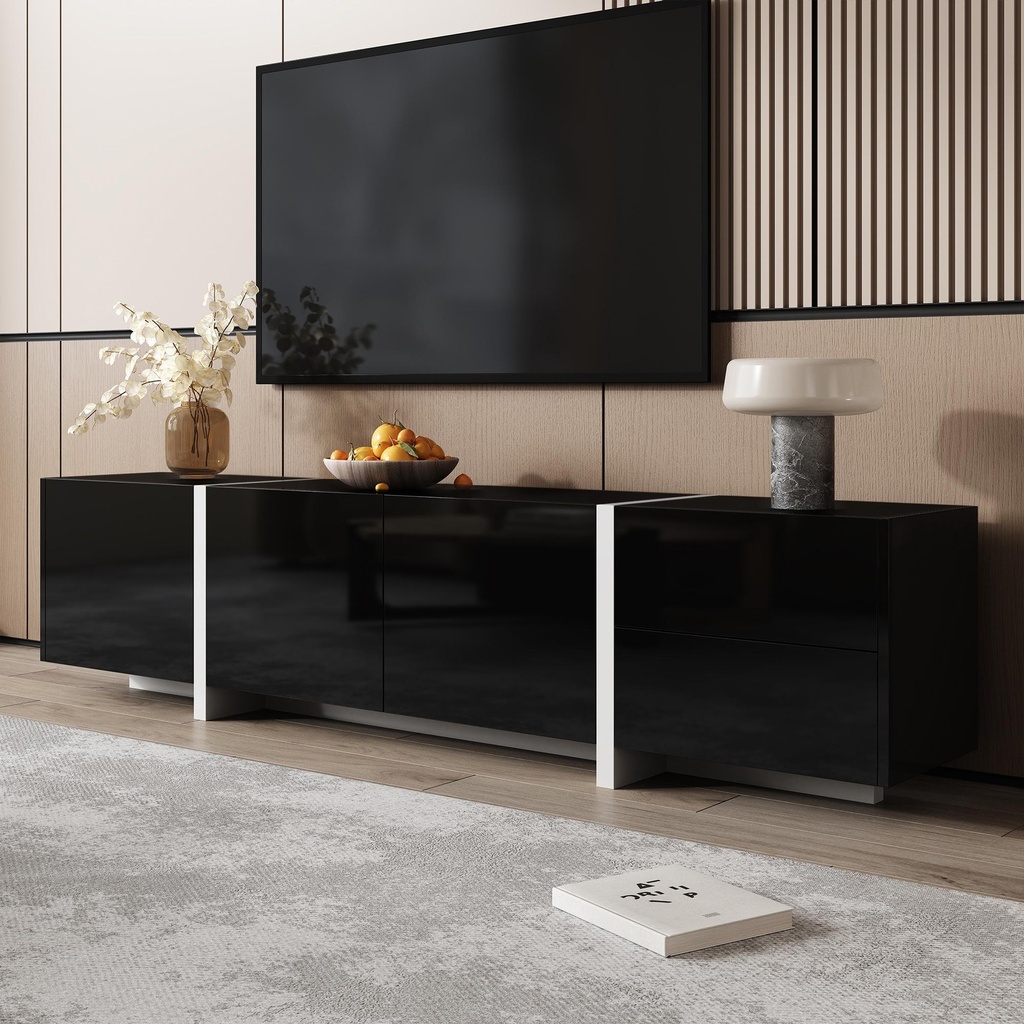 High-gloss Finish TV Cabinet with 3 Doors, 1 Drawer, Contrasting Base and Legs, TV Stand for Living Room, 170L x 29.5W x 40H cm, Black+White (Product Only - No assembly, Black)
