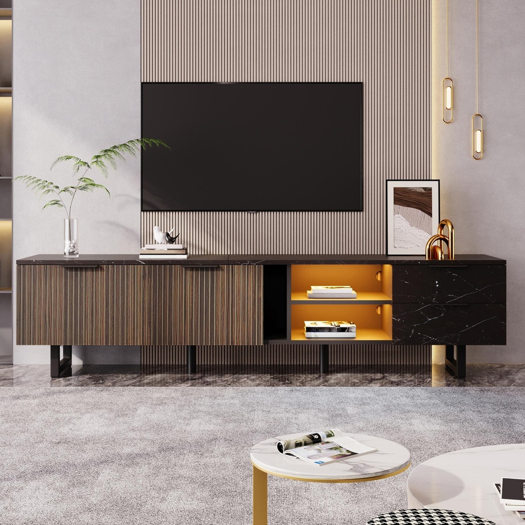 Modern TV Cabinet with 2 Wood-Grain Doors and 2 Open Shelves, TV Stand for Robot Vacuum Cleaners, 200L x 38W x 50H cm, Black+Wood (Product Only - No assembly, Black)