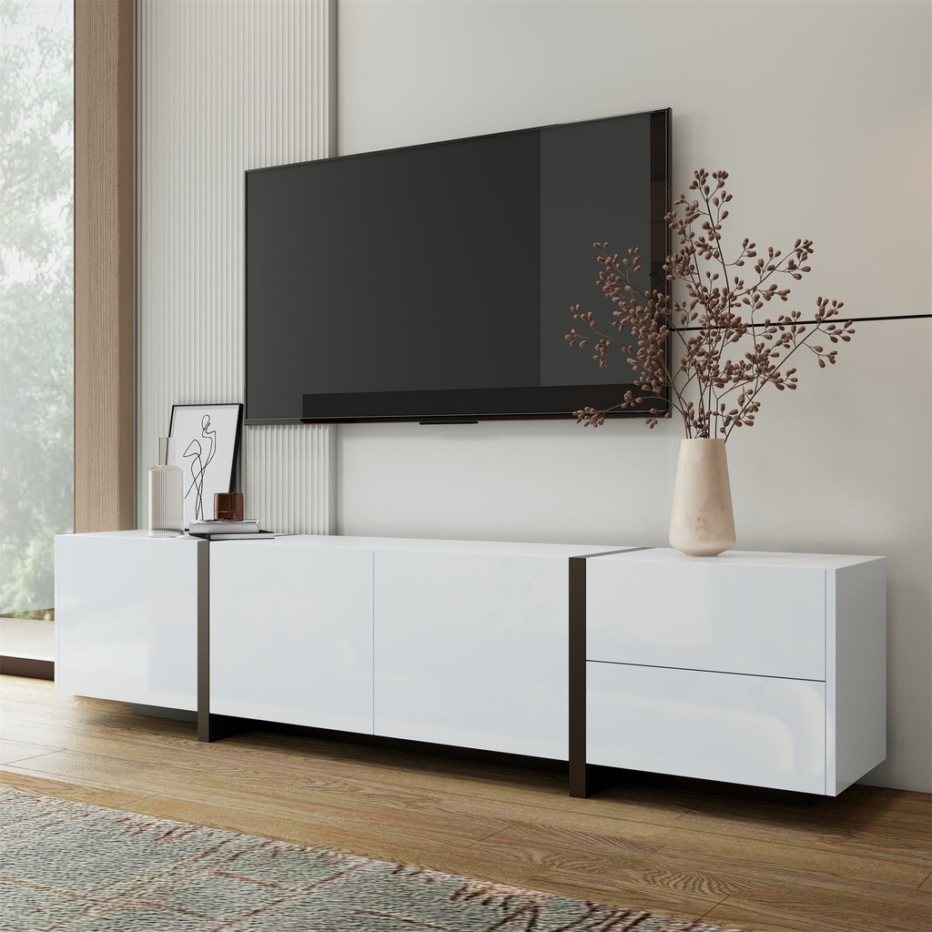 High-Gloss Black and White TV Cabinet with 3 Doors, Ample Storage, Modern TV Stand for Living Room, 170L x 29.5W x 40H cm, Black+White (Product Only - No assembly, Black)