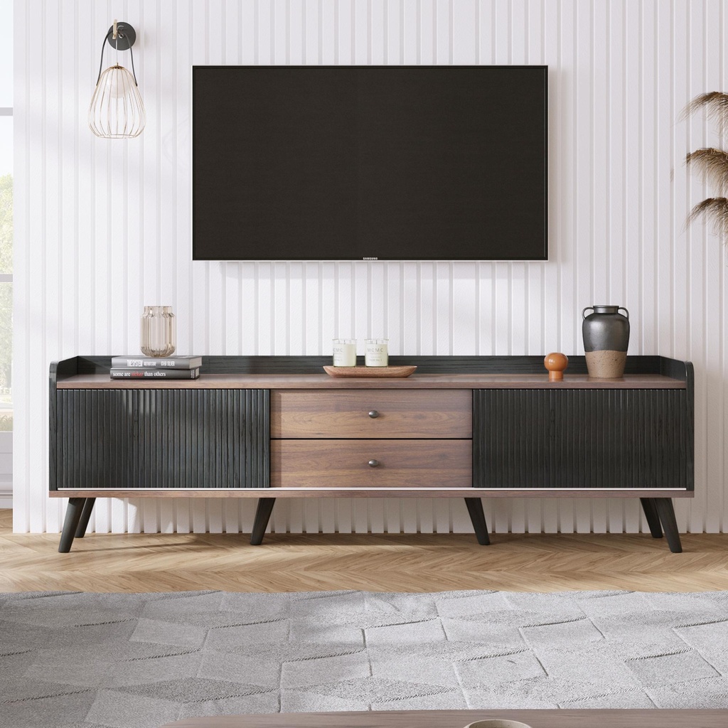 Modern TV Cabinet with 2 Centre Drawers and Striped Sliding Doors, Storage Stand with Raised Top Edge, 160L x 40W x 58H cm, Black+Wood (Product Only - No assembly, Black)