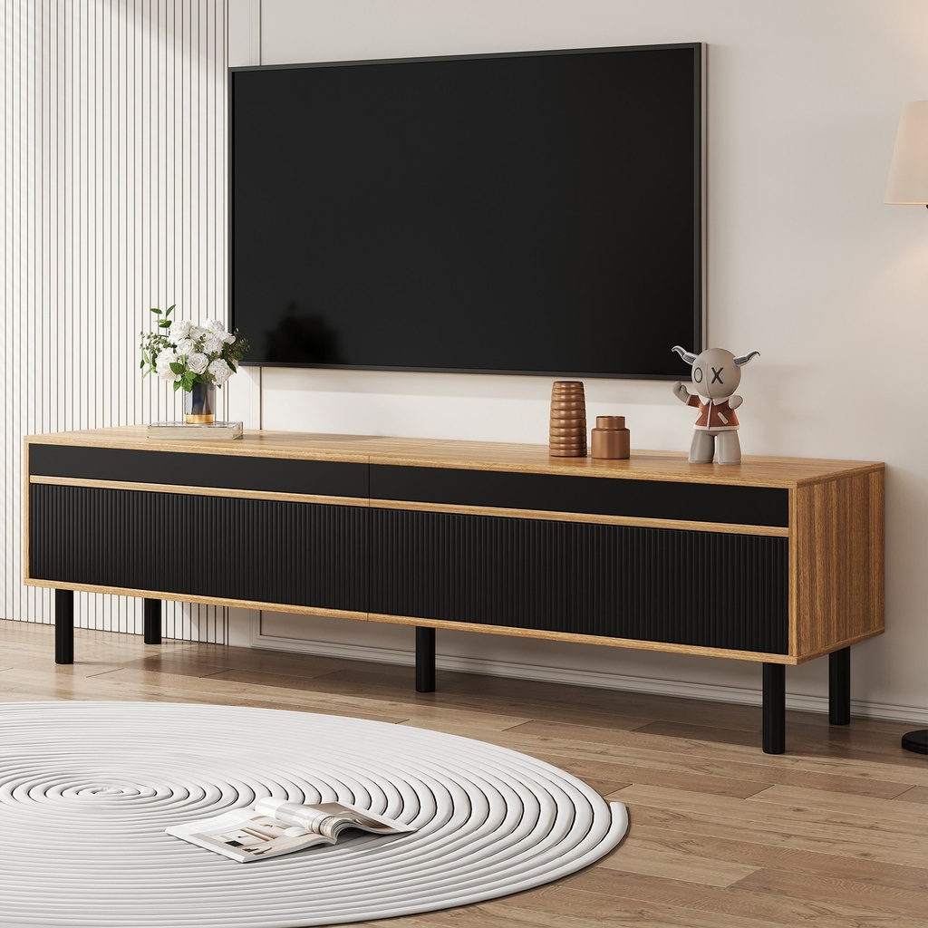 Elegant TV Cabinet with 4 Doors, Striped Design and Wooden Legs, Media Cabinet for Modern Homes, 170L x 38W x 47H cm, Black+Natural (Product Only - No assembly, Black)