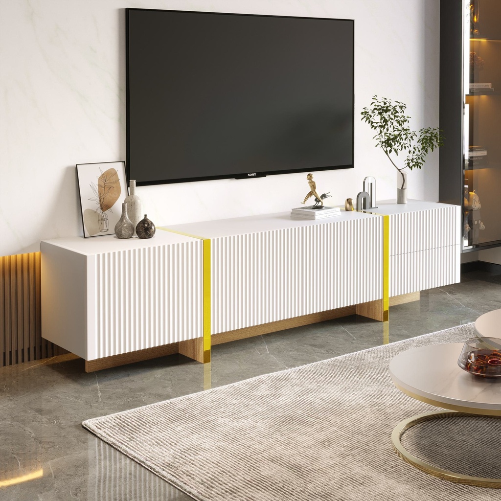 Elegant TV Cabinet with Large Storage, Soft-Close Hinges and Elegant Design, TV Stand for Living and Media Room, 190L x 35W x 45H cm, Gold+White (Product Only - No assembly, White)