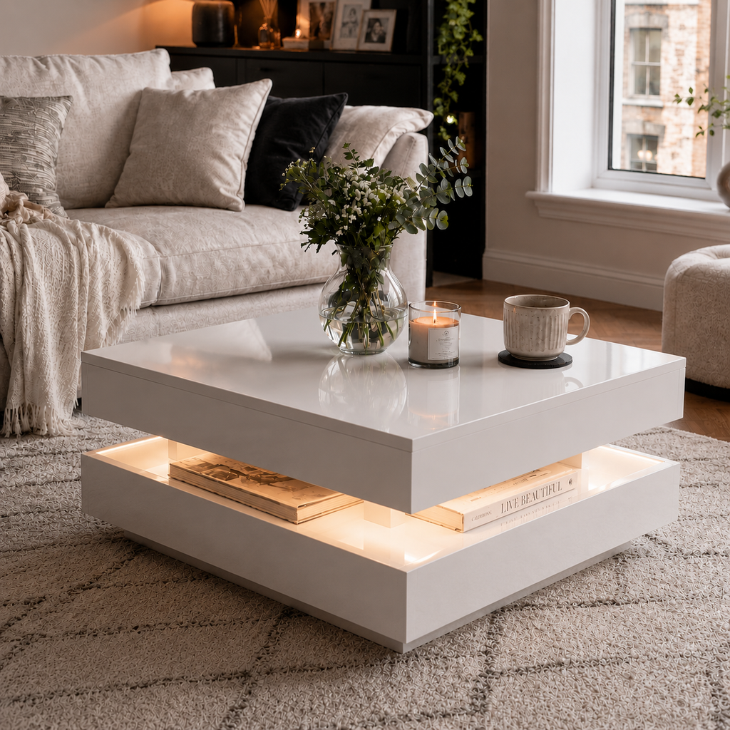 High Gloss Round Coffee Table with Rotating Top and 16-Colour LED Light, White