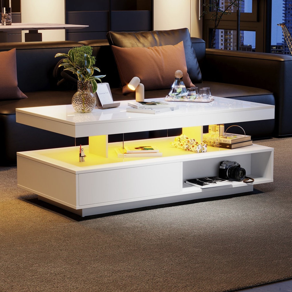 LED Coffee Table with 2 Drawer Storage, White