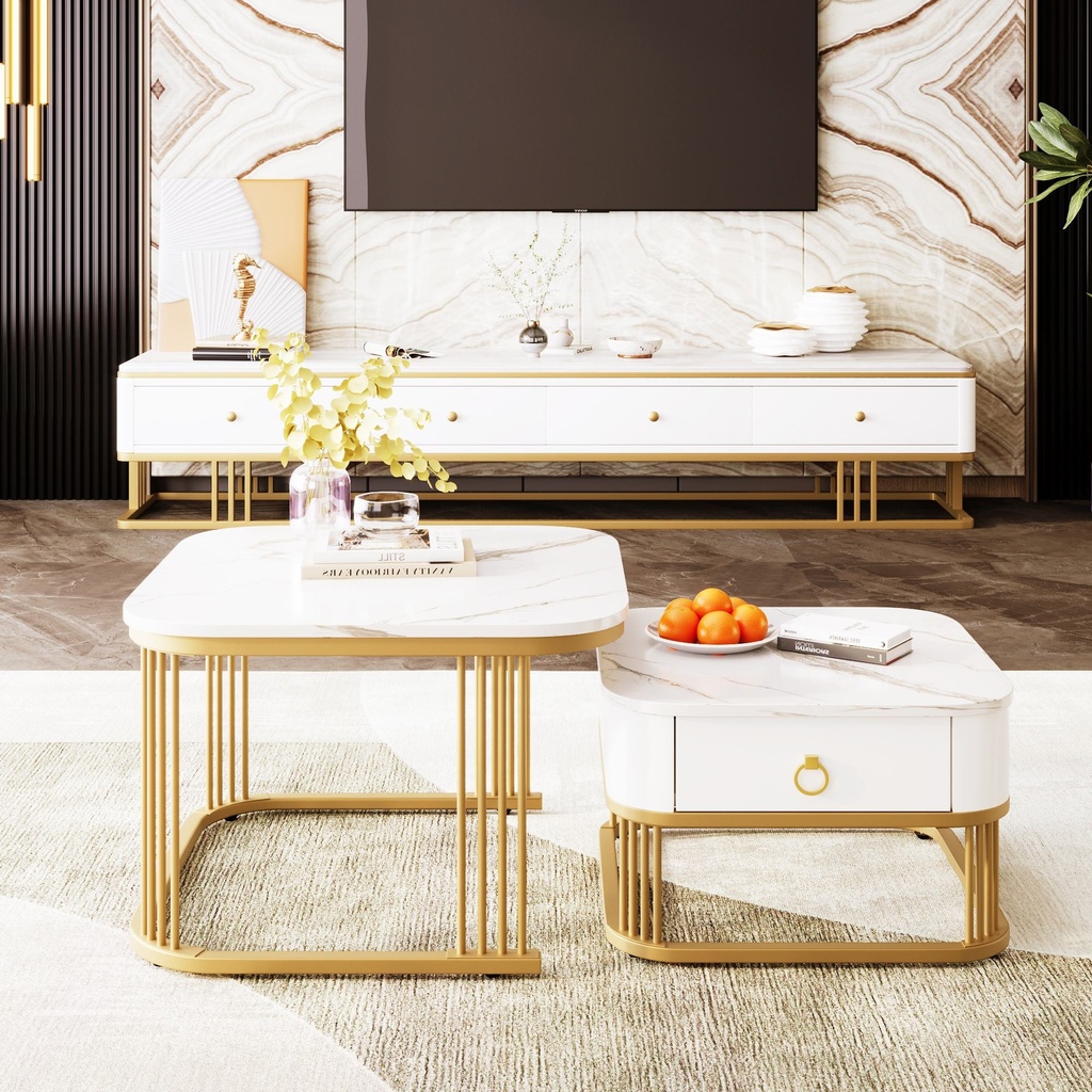 Set of 2 Nesting Coffee Table with High Gloss Top, White