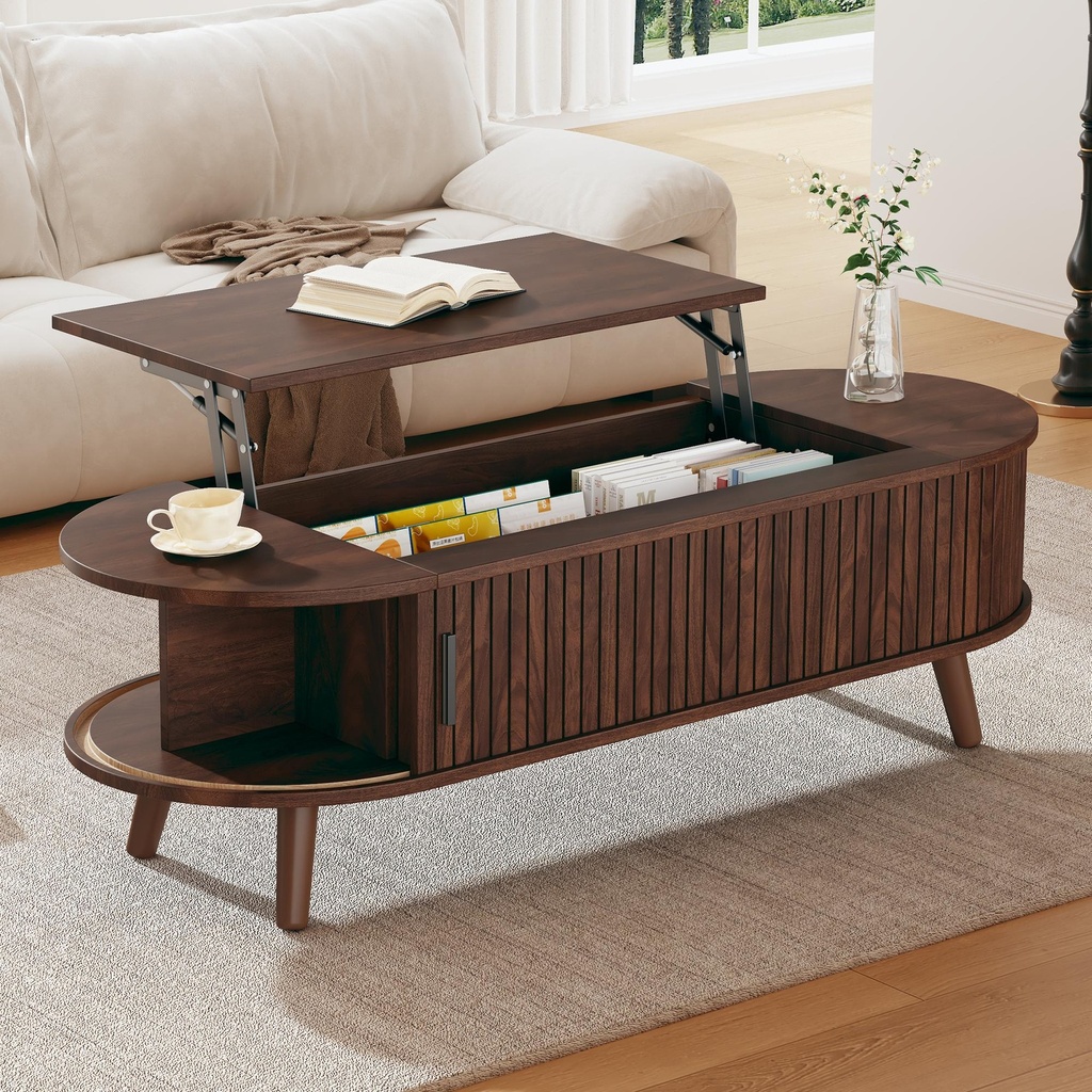 Lift-Up Oval Coffee Table with Hidden Storage and Roller-Shutter Doors, 120L x 50W x 39.5H cm, Wood