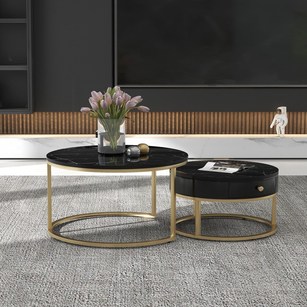 Round Nesting Coffee Tables with Storage Drawer, Black