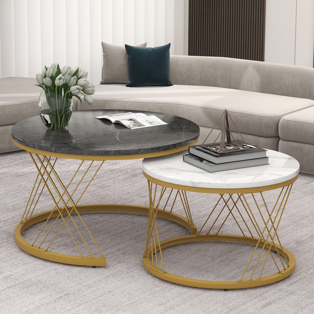 [F-SPS-WF307775AAA] Set of 2 Modern Nesting Marble Coffee Tables with Metal Frame, Grey (Product Only)