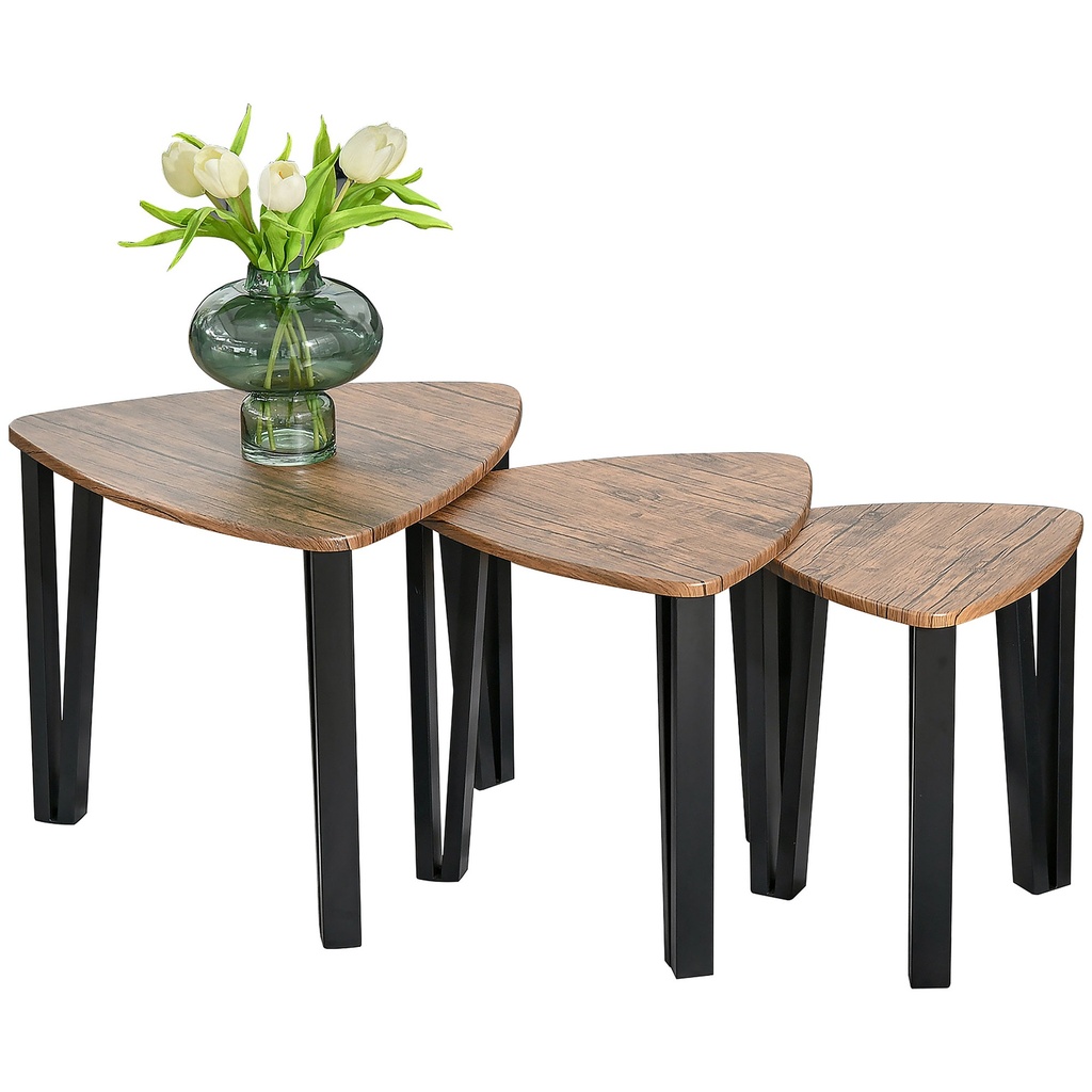 HOMCOM Nest of 3 Triangle Tables Metal Legs Walnut Wood Grain