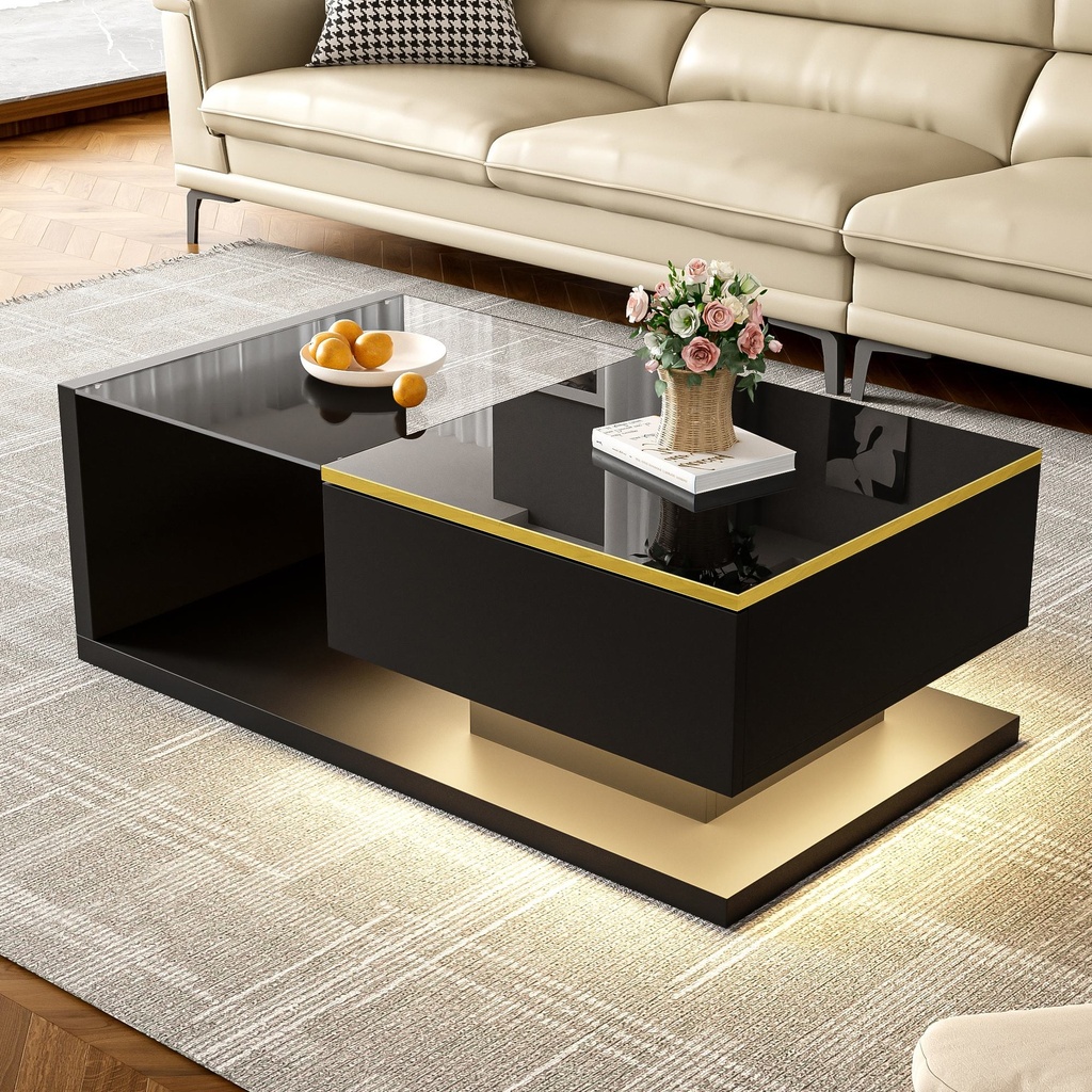 [F-GPS-N130P316488S] High-Gloss Black Coffee Table with Tempered Glass Top and LED Lighting, Black (Product Only)