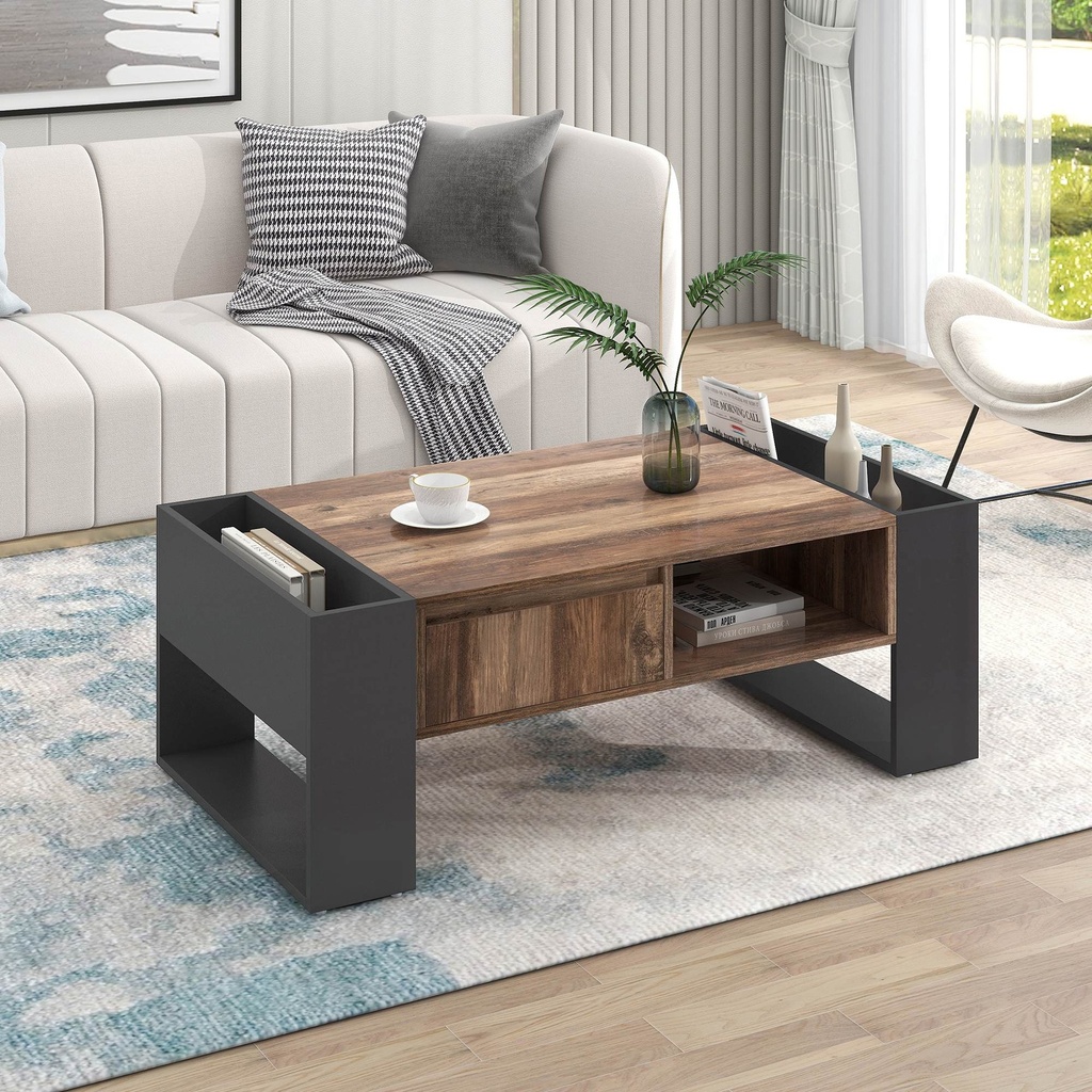 Wood Coffee Table with Handleless Drawer and Double-Sided Storage, Black+Gray