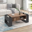 Wood Coffee Table with Handleless Drawer and Double-Sided Storage, Black+Gray