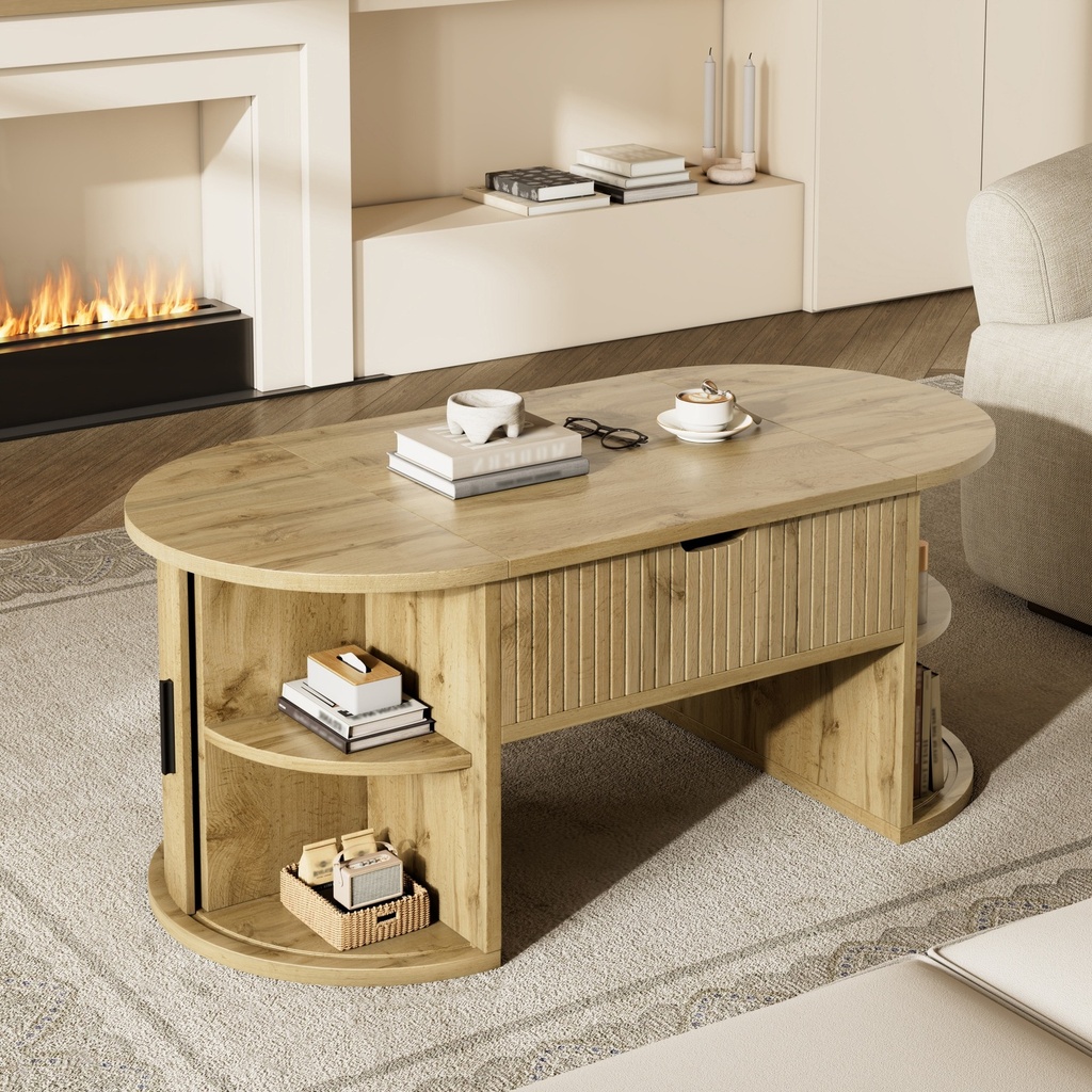 Modern Height-Adjustable Coffee Table with Storage and Sliding Doors, 100L x 50W x 40.5H cm, Wood